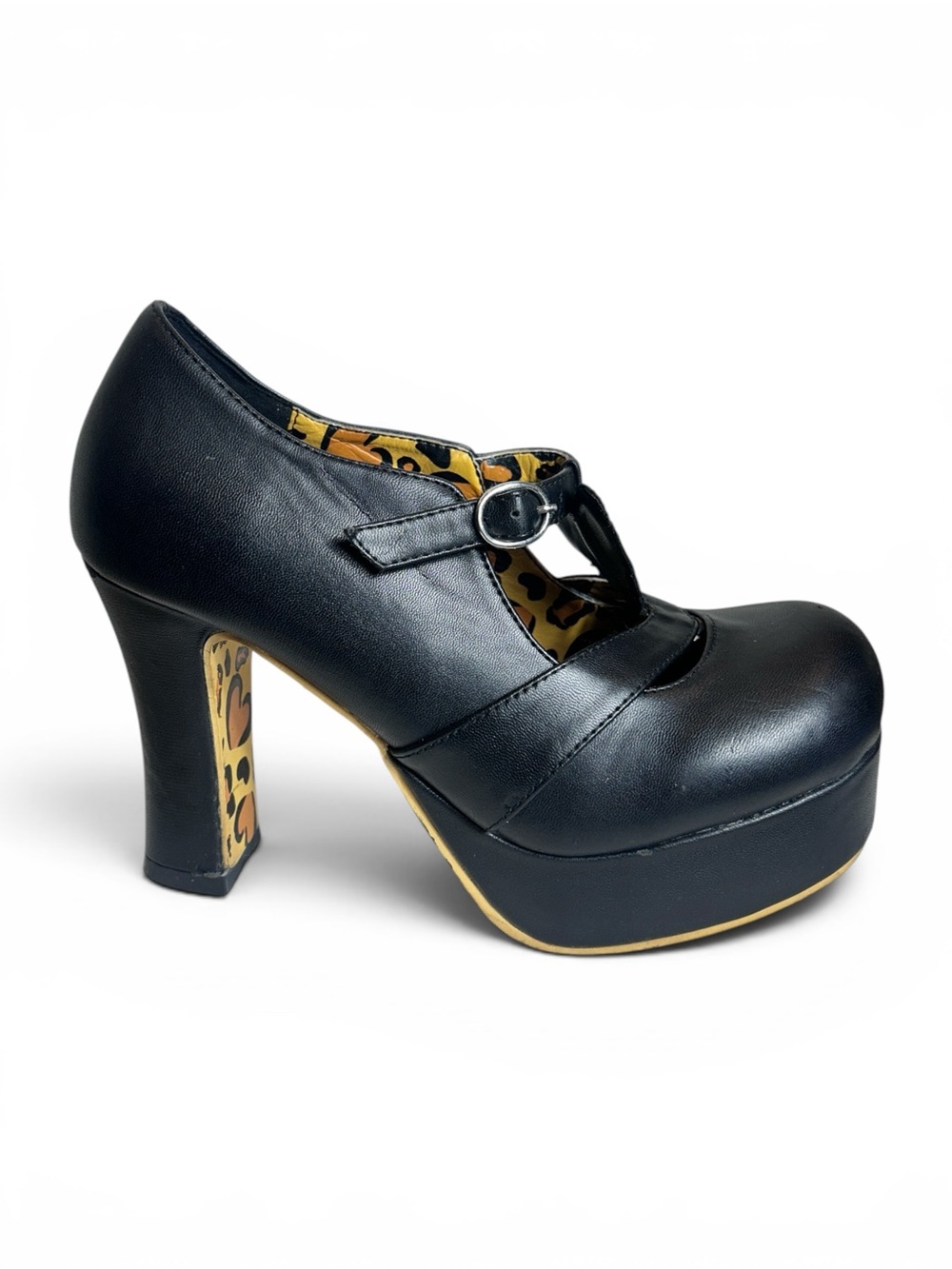 Black Platform Mary Jane Heels with Leopard Lining